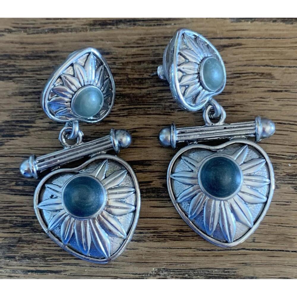 Silver Tone Drop Earrings Artisan Dangle Vintage Blue Stone
